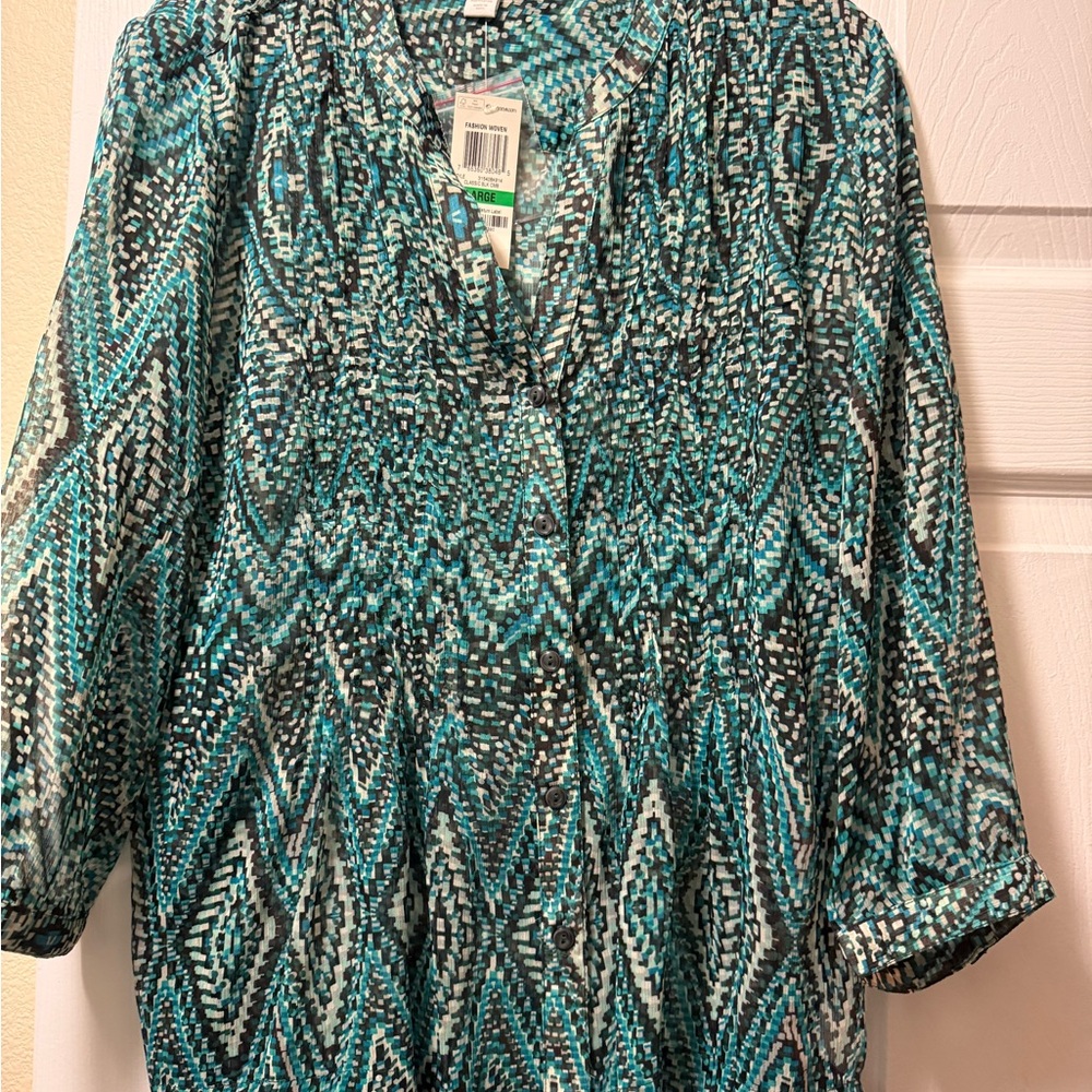 Charter Club Teal and Black Geometric Blouse